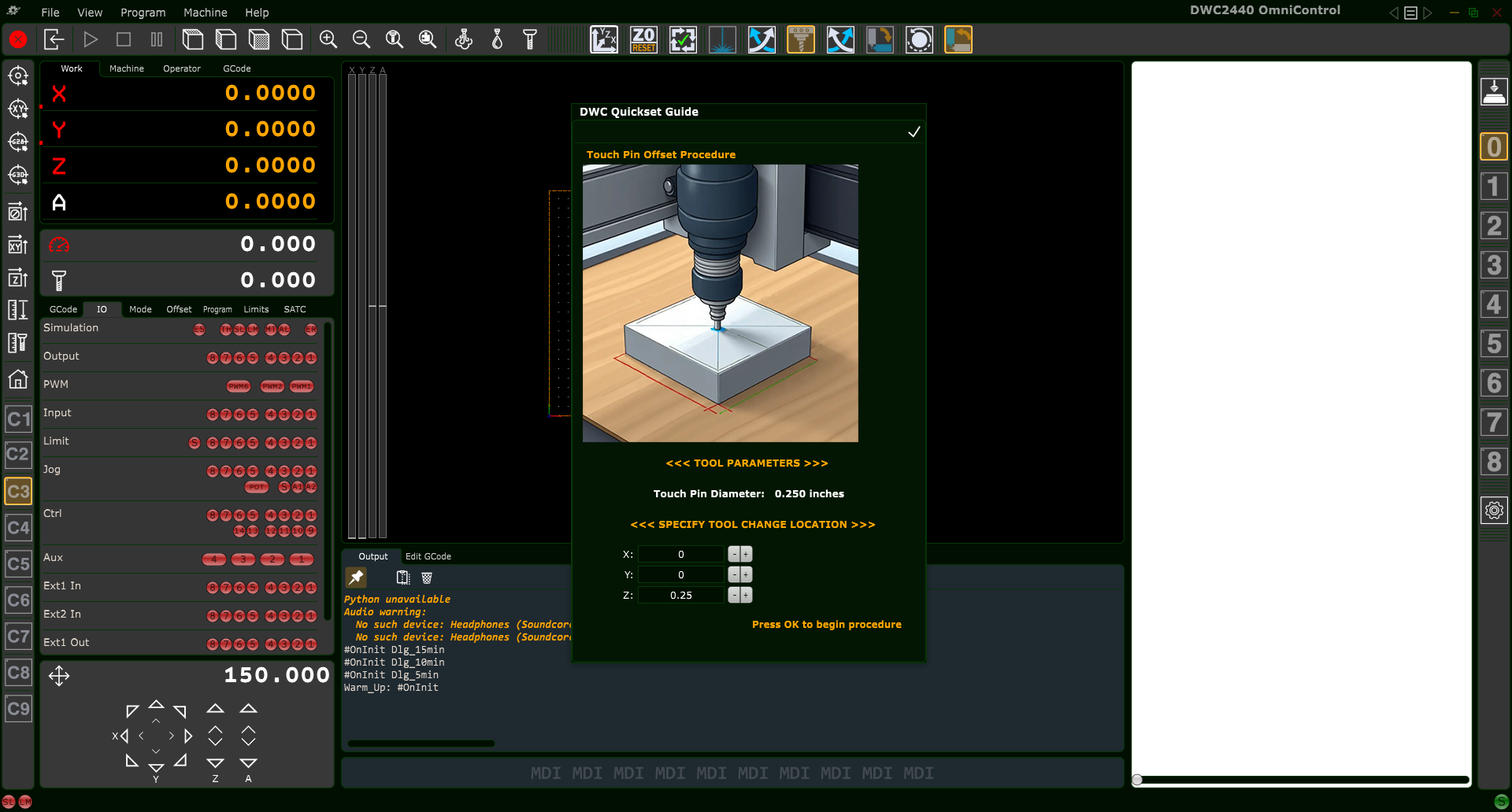 Touch Pin Offset Procedure dialog showing tool change location fields