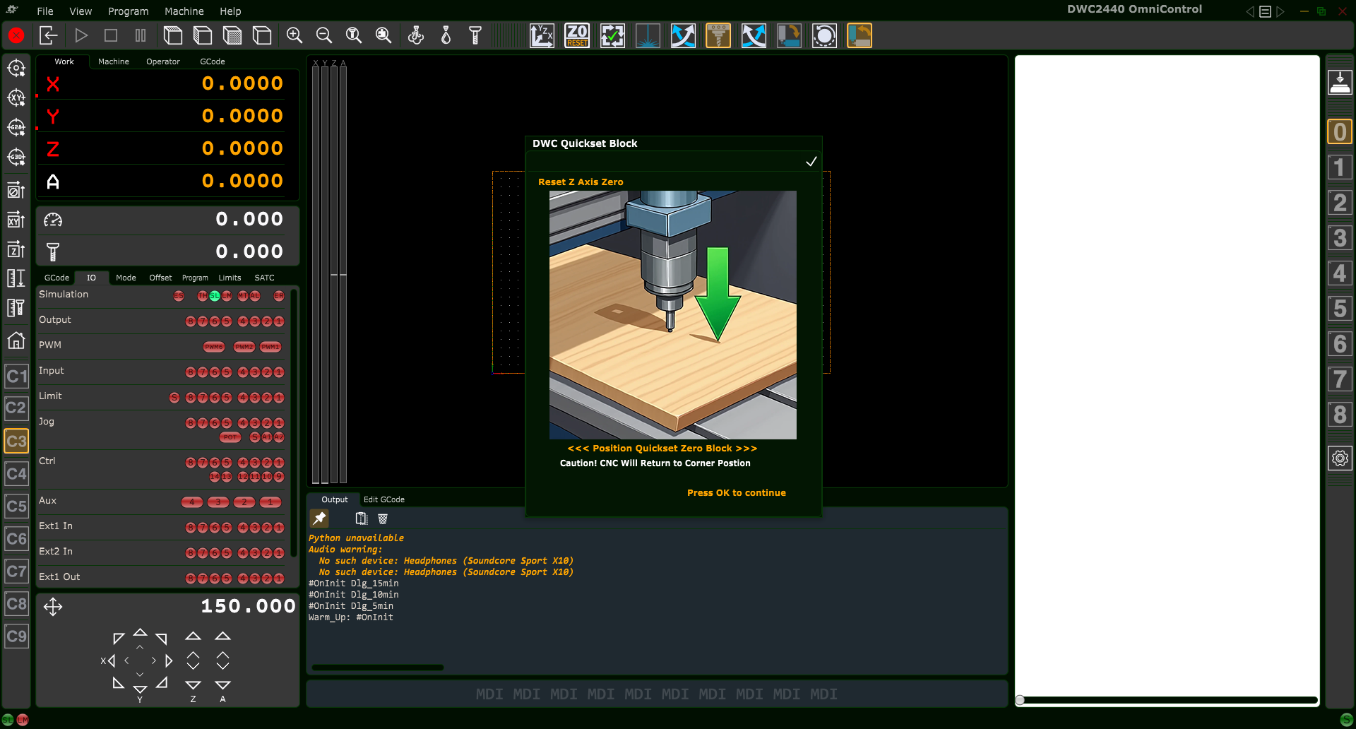 Reset Z Axis Zero popup dialog