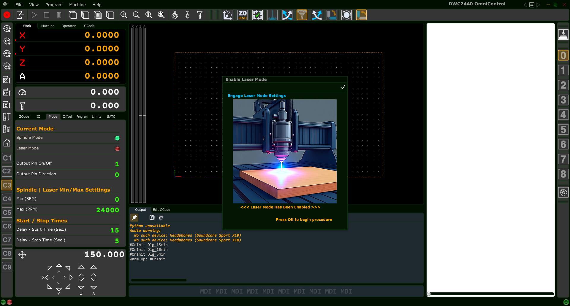 Enable Laser Mode confirmation popup