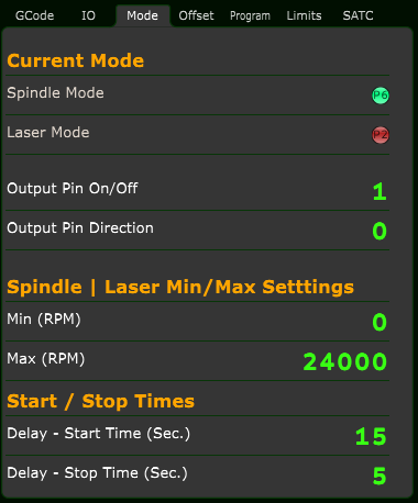 Mode tab showing Spindle Mode and Laser Mode indicators