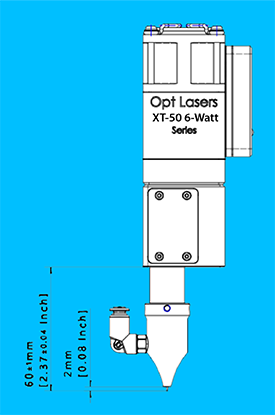 PLH3D-XT-50-6W laser head working distance diagram showing 60.0 mm from bottom face to material and 2 mm from nozzle tip to material